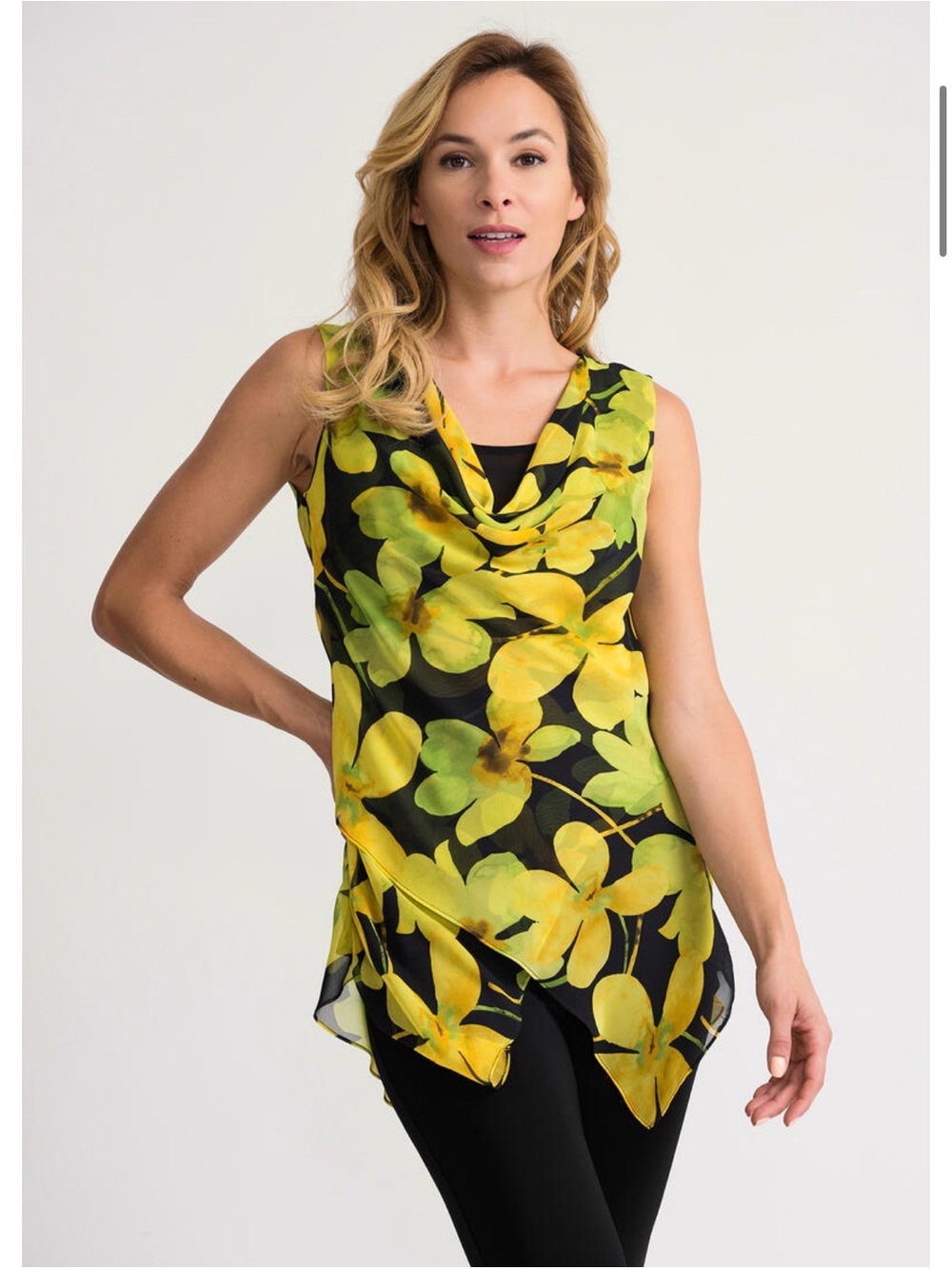 Joseph Ribkoff NWOT Cowl Neck Floral Tunic - Yellow Green on Black